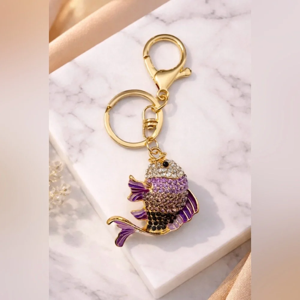 Purple Rhinestone Fish Bag Charm Keychain – Handbag Purse Accessory - Picture 2 of 3